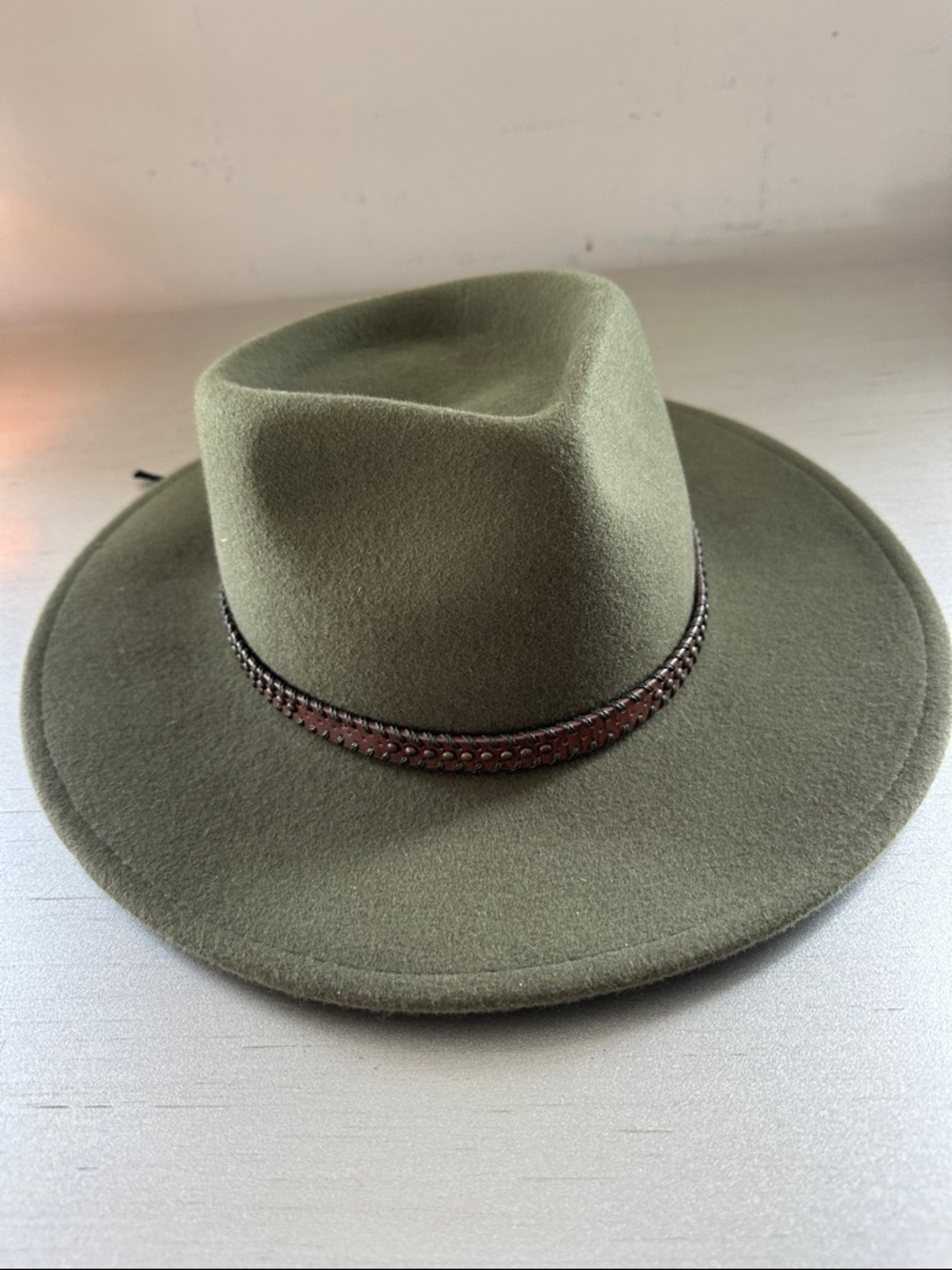 Classic Olive Felt Fedora Hat with Braided Leather Band